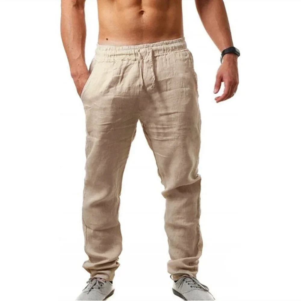 Calça masculina de algodão e linho, solta, respirável, com cintura elástica, cor sólida, casual, para corrida, fitness, verão, esportes, calça de moletom