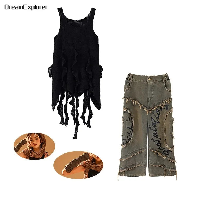 Conjunto de regata e jeans infantil Wasteland Street Dance de malha, moletons de hip hop, roupas de jazz, roupas punk, meninos e meninas
