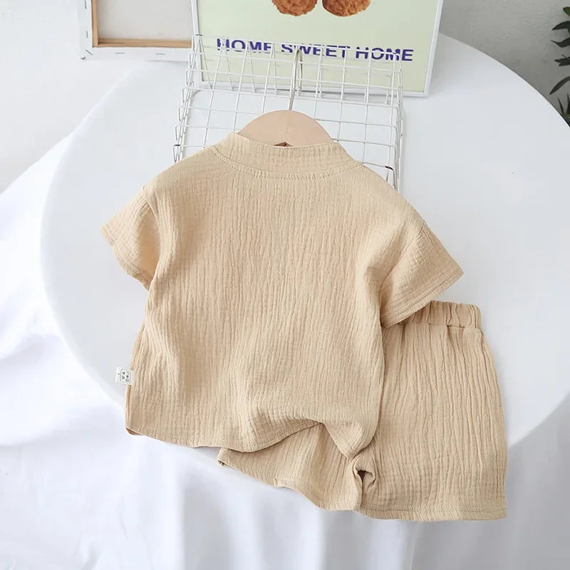 Conjunto de pijamas de gaze de algodão para bebês, 2 peças, manga curta, gola redonda, roupa de dormir macia e respirável, meninos, meninas, 0-5 anos, roupas de praia