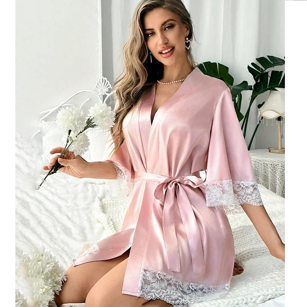Novo Robe Elegante de Cetim para Mulheres 2025 com Renda, Kimono Curto, Camisola, Decote V, Cinto, Roupa de Noiva, Presente para Madrinhas