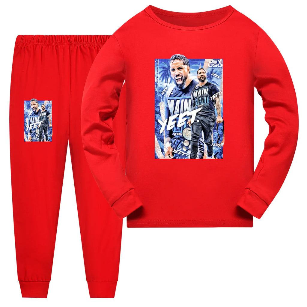 Crianças dos desenhos animados lutador jey uso conjuntos de pijama da criança meninos pijamas diários do bebê meninas manga longa t camisa + shorts 2 pçs set3952