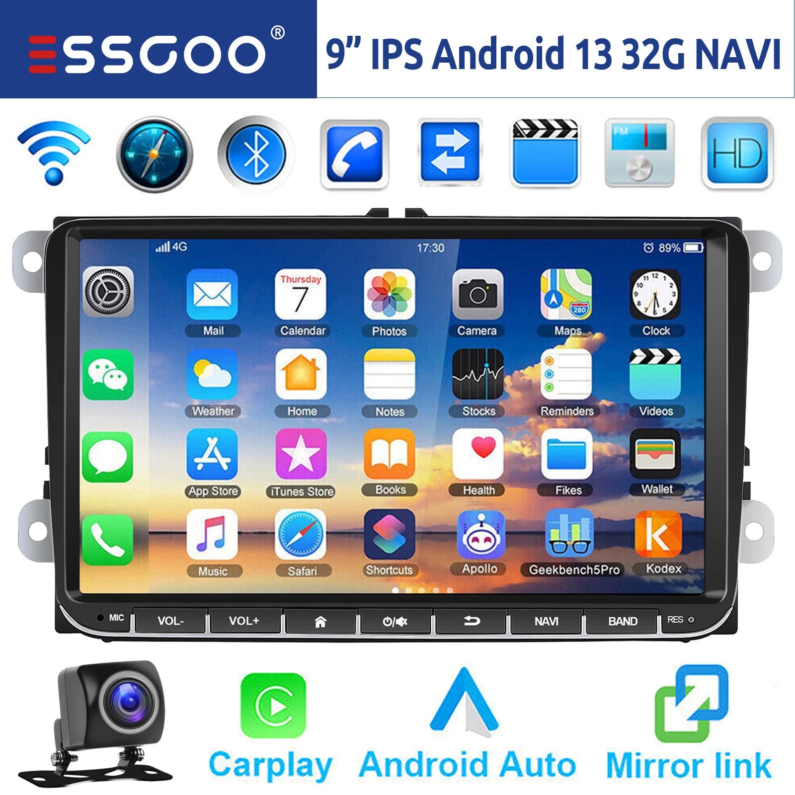 Essgoo 9 "android 14 4g + 64g Wireless  carplay carro estéreo gps navi wifi rds fm bt para vw golf 5 6 passat polo touran tiguan caddy eos