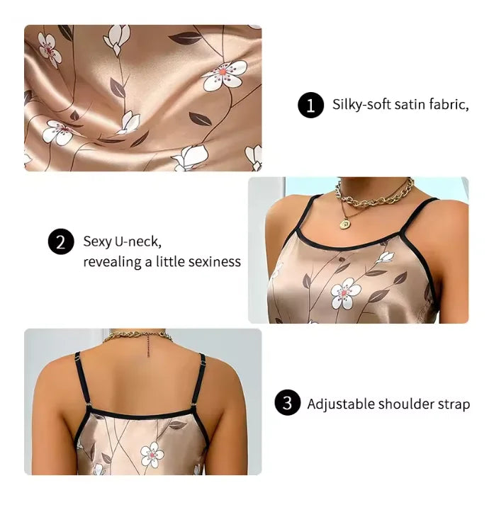 Pijamas femininos verão floral impressão cetim camisola casual sem mangas sem costas deslizamento noite vestido sexy camisola roupas de casa
