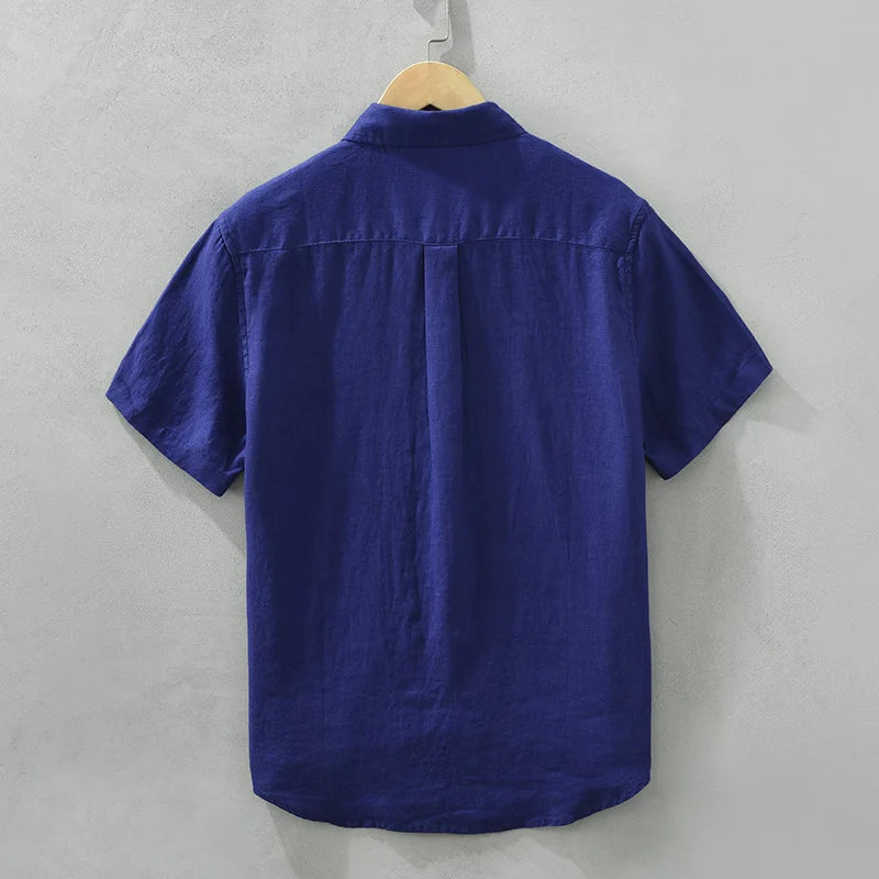 Camisa de linho de manga curta masculina, camisa respirável solta, camisa casual artística, monocromática, verão