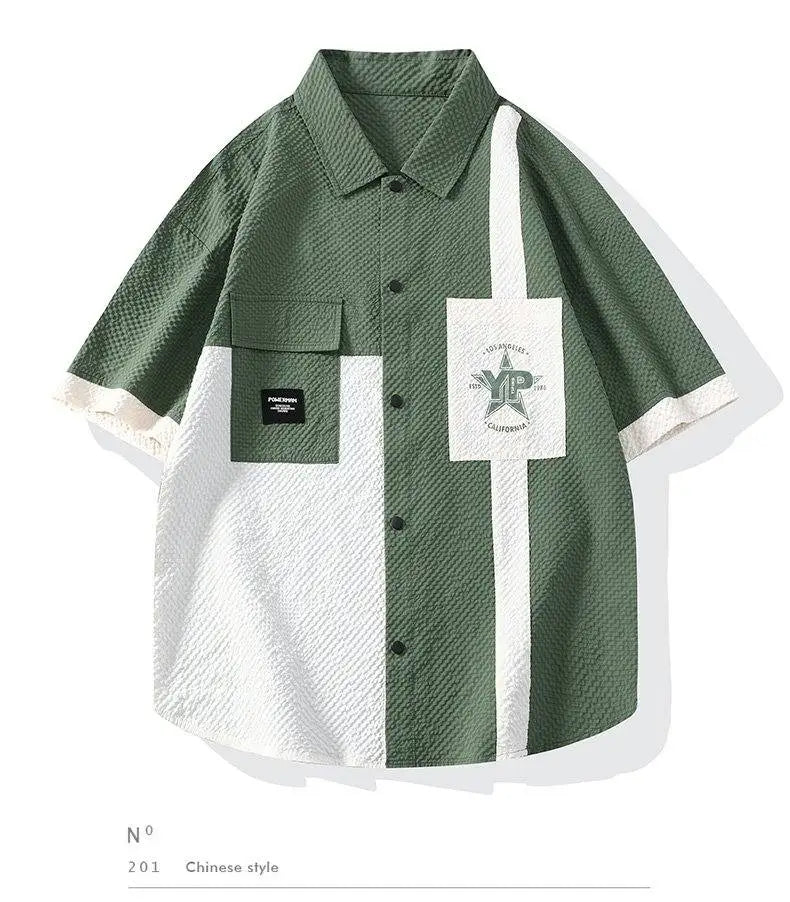Conjunto Casual Masculino de Linho e Algodão, Camisa de Manga Curta com Colarinho e Calças Largas, Traje de Verão com Bordado Floral