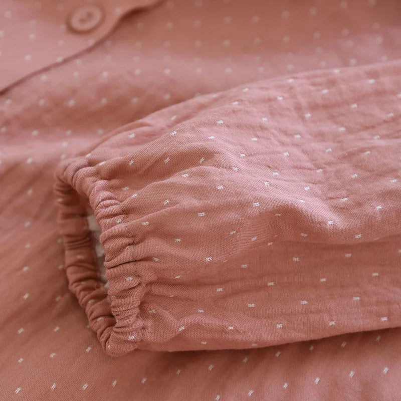Algodão feminino polka dot pijama define fio-tingido gaze manga longa calças loungewear casual simples pijamas em torno do pescoço nightwears