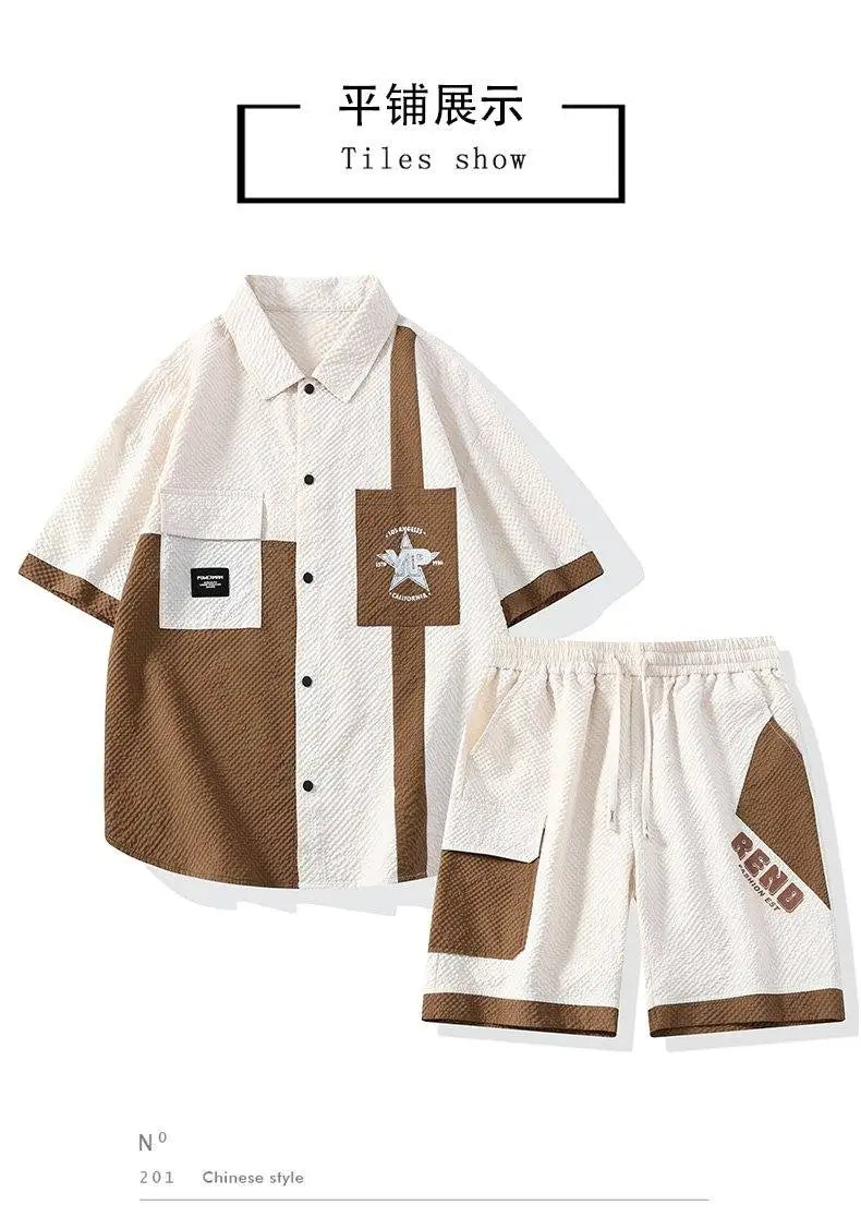 Conjunto Casual Masculino de Linho e Algodão, Camisa de Manga Curta com Colarinho e Calças Largas, Traje de Verão com Bordado Floral