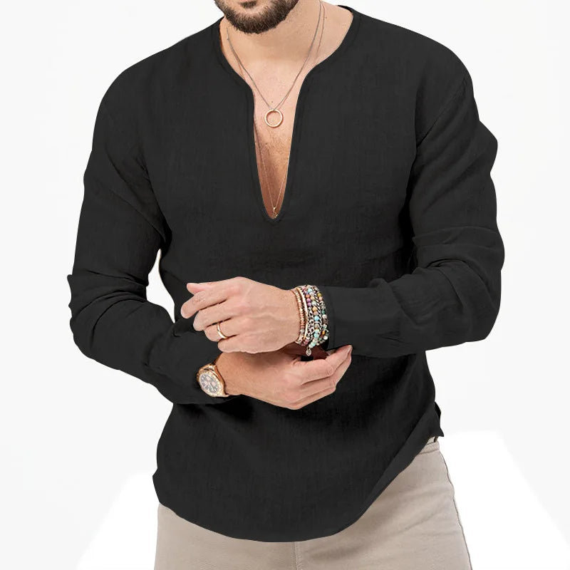 Camiseta Masculina de Linho de Manga Longa 2026 Henry, Slim Fit, Cor Sólida, Tamanho Grande Europeu e Americano, Gola V Profunda