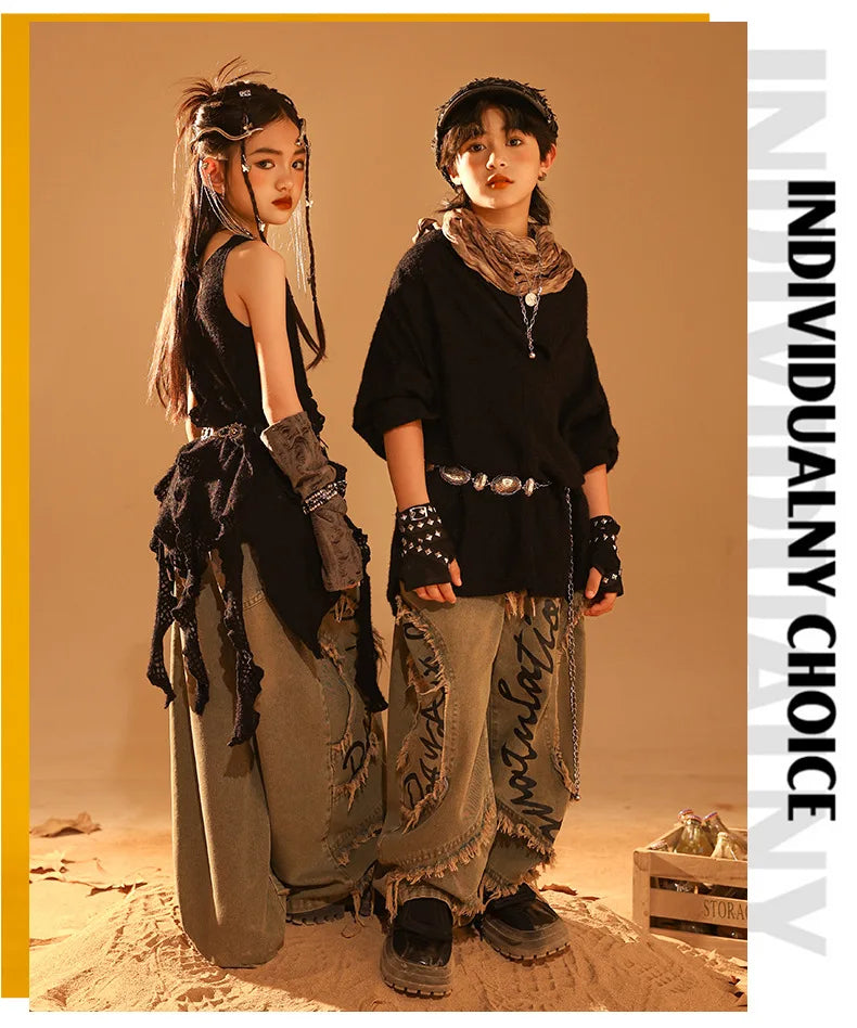 Conjunto de regata e jeans infantil Wasteland Street Dance de malha, moletons de hip hop, roupas de jazz, roupas punk, meninos e meninas