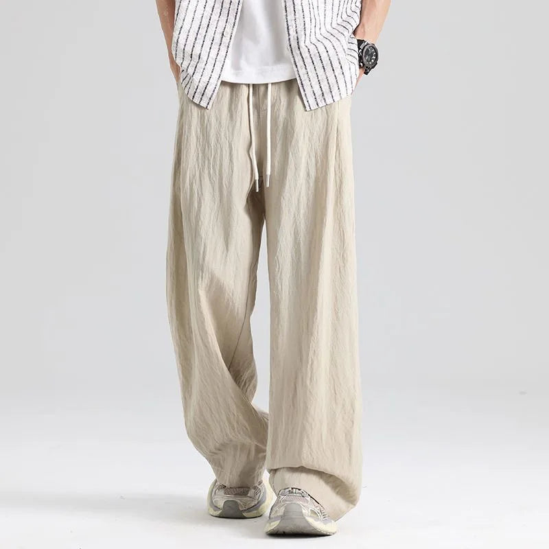 Calças Masculinas de Linho Finas, de Cor Sólida, Casuais, Confortáveis, Respiráveis, com Bolsos, Moda, Calças Longas de Perna Larga
