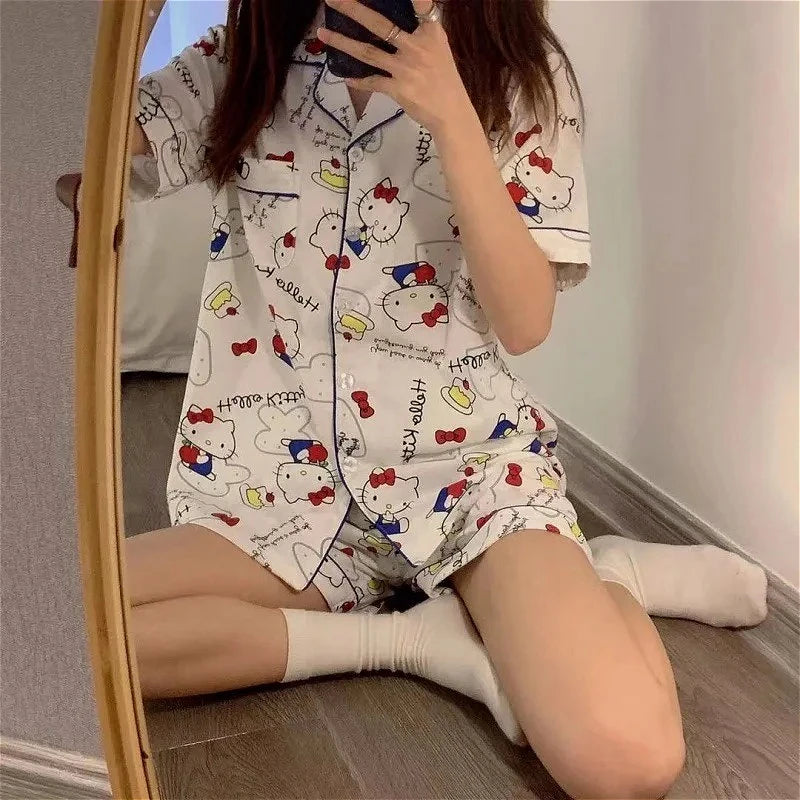 Olá kitty meninas bonito pijamas conjuntos de camisola solta dos desenhos animados macio manga curta topos shorts doce roupas femininas pijamas verão