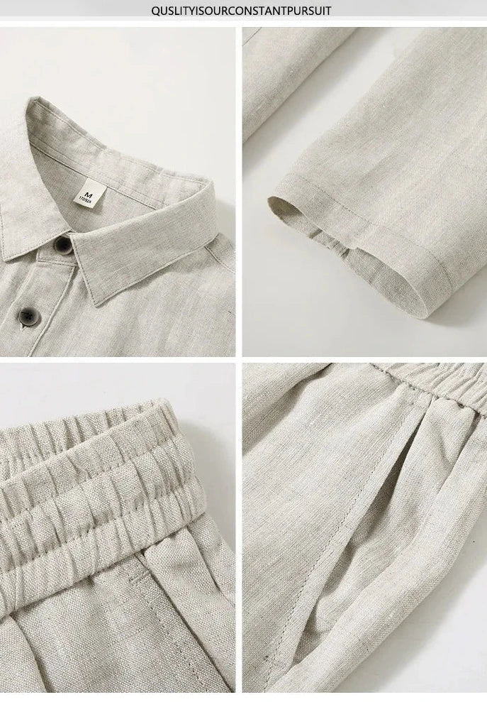 Camisa de Linho Pura de Manga Longa para Homens, Camiseta Leve e Respirável, Conjunto de Calças Casuais de Linho para Primavera e Outono