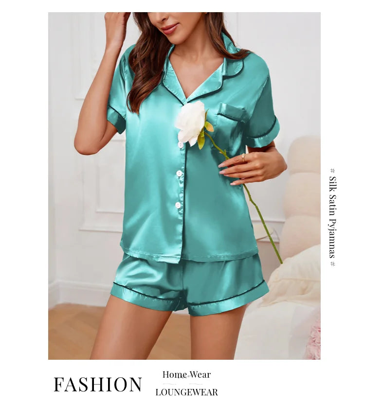 Conjunto pijama cetim feminino, pijama de manga curta, blusa e shorts de lapela, pijama de botão, roupas domésticas