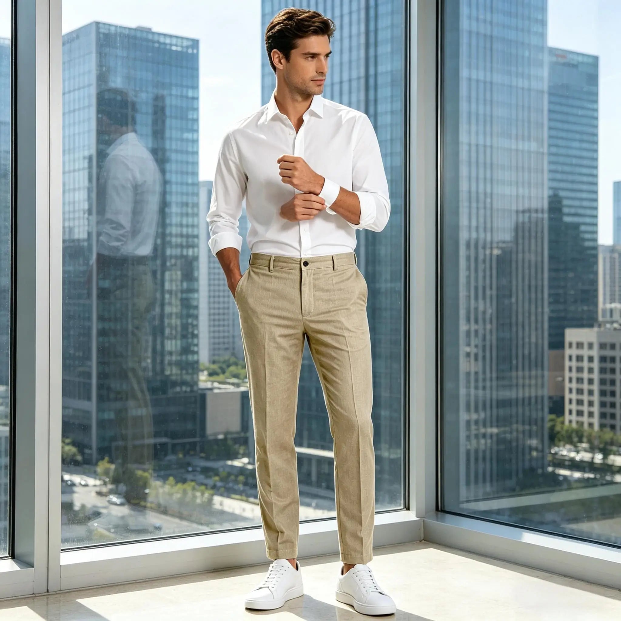 Calças Masculinas Premium em Mistura de Linho, Leves, Slim Fit, Resistentes a Rugas, para Escritório, Verão, Casual e Formal