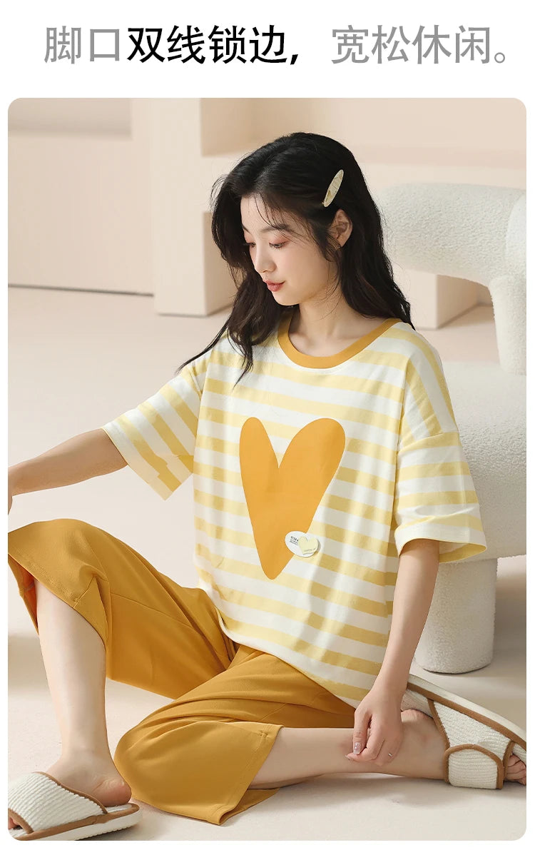 SUKAE-Conjunto de Pijamas dos desenhos animados das mulheres, 100% algodão, calça curta na altura do joelho, pijamas, capris loungewear, pijamas de verão, M-4XL