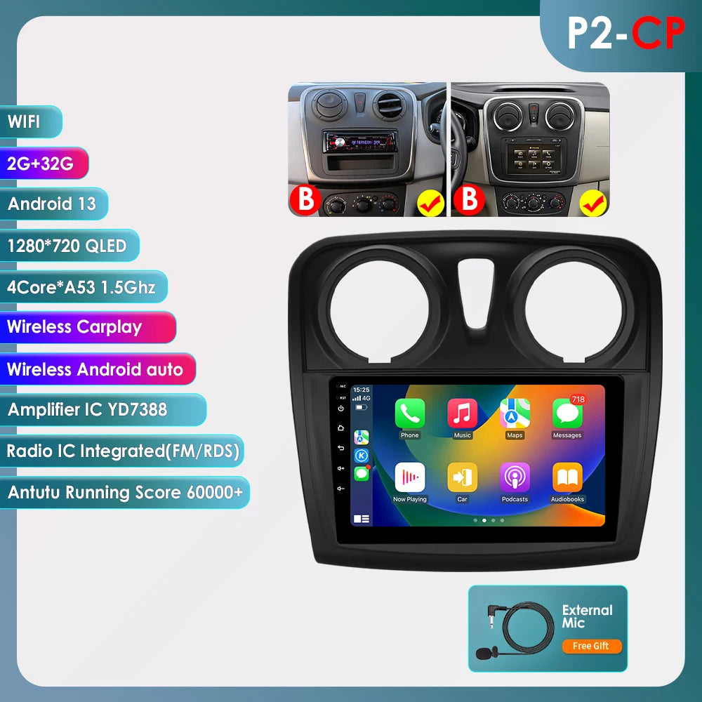 Rádio Android Auto Hizpo para Renault Logan 2 2012-2019 Sandero 2 2014-2019 4G Multimídia Automotiva GPS 2 din Estéreo CarPlay WIFI DSP