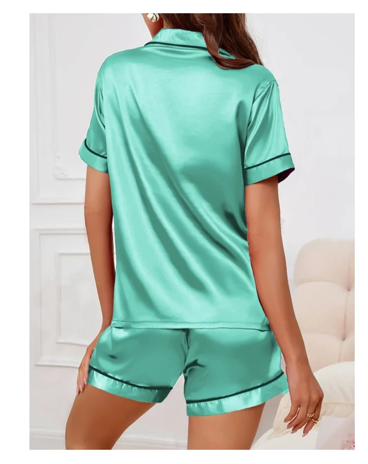 Conjunto pijama cetim feminino, pijama de manga curta, blusa e shorts de lapela, pijama de botão, roupas domésticas