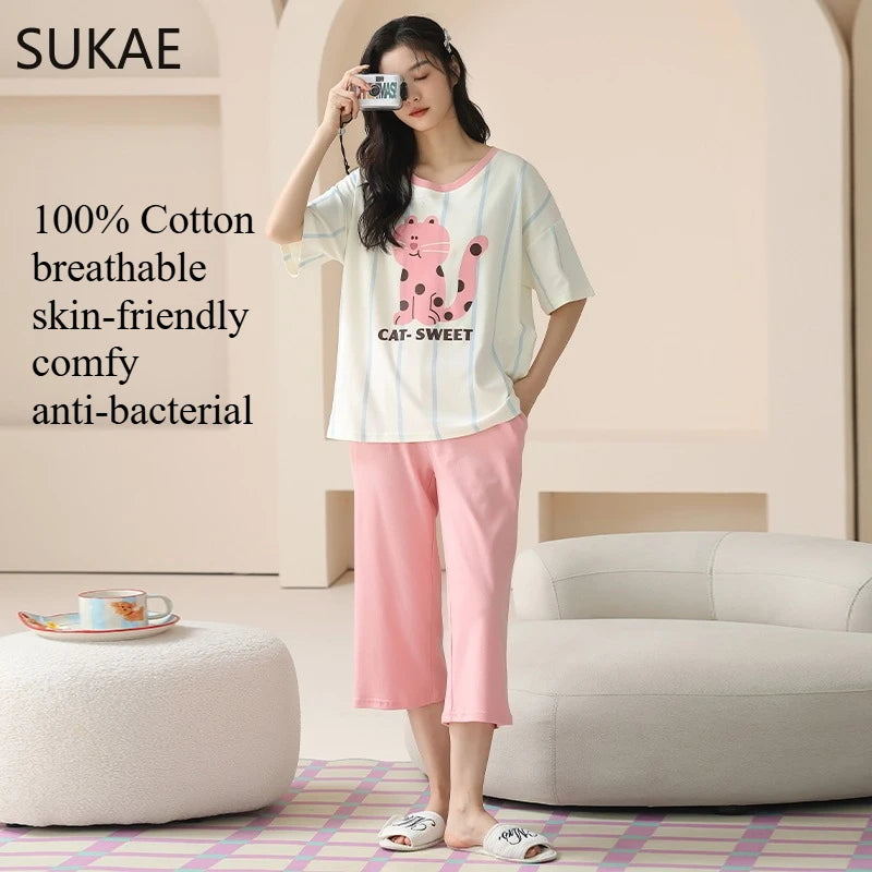 SUKAE-Conjunto de Pijamas dos desenhos animados das mulheres, 100% algodão, calça curta na altura do joelho, pijamas, capris loungewear, pijamas de verão, M-4XL