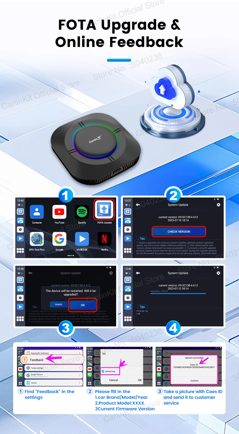 CarlinKit Android 13 LED AI Box Wireless CarPlay Wireless Android Auto Smart Car Multimedia Box Qualcomm 8-Core Chip Cartão SD Expandir para 512 GB Suporte Vídeo Online