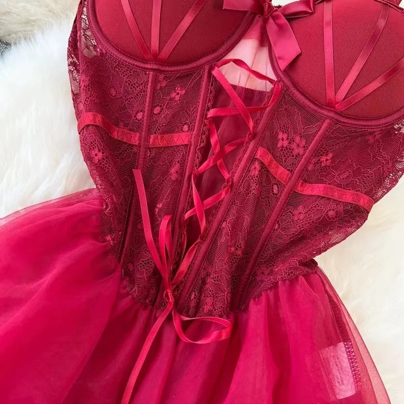 Mini vestido transparente sem costas para mulheres, sleepwear sexy, renda pura, pijamas sensuais, camisola de malha, lingerie branca, senior