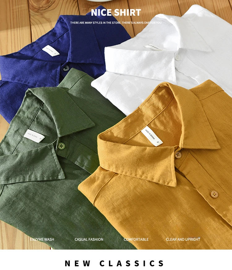 Camisa de linho de manga curta masculina, camisa respirável solta, camisa casual artística, monocromática, verão