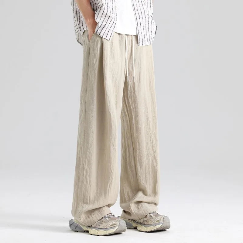 Calças Masculinas de Linho Finas, de Cor Sólida, Casuais, Confortáveis, Respiráveis, com Bolsos, Moda, Calças Longas de Perna Larga