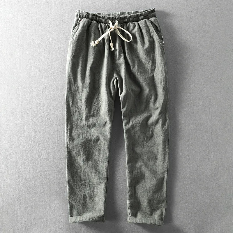 2025 novas calças de linho masculino japonês casual solto juventude algodão linho calças casuais na moda seis cores algodão linho calças