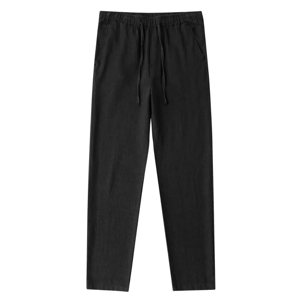 Calças de linho de algodão masculino outono novo respirável cor sólida calças de linho fitness streetwear volta com bolso