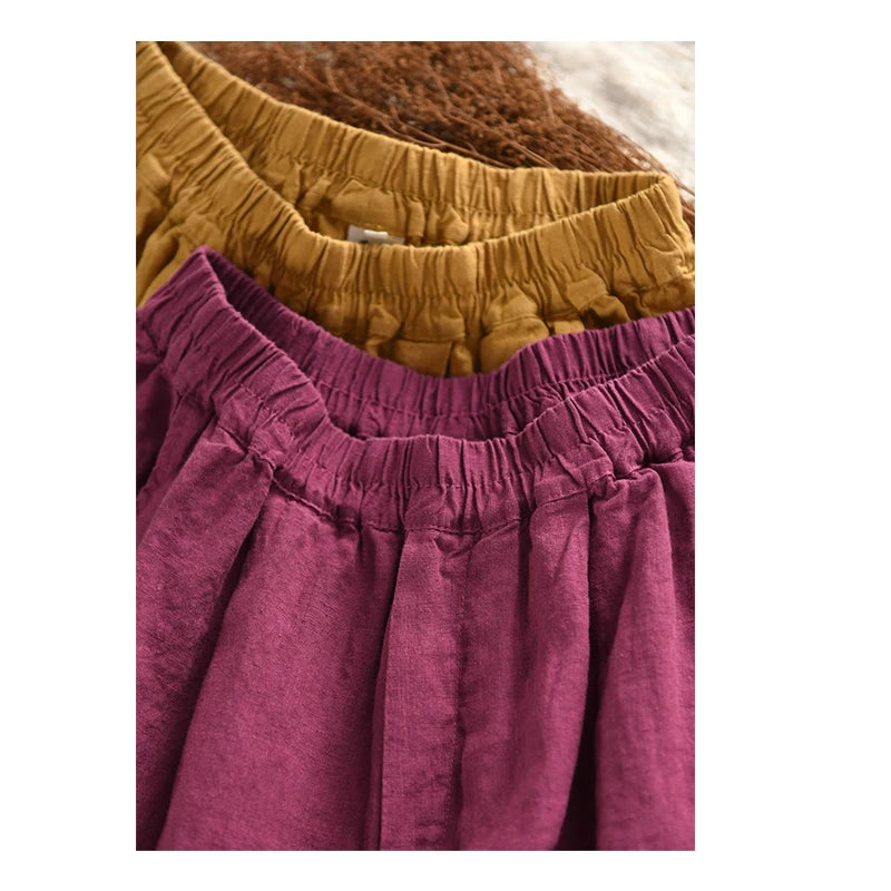 Calças compridas femininas de linho puro natural, estilo solto e retrô, calças largas, roupas de tamanho grande, casuais ao ar livre, confortáveis e legais