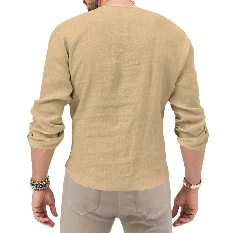 Camiseta Masculina de Linho de Manga Longa 2026 Henry, Slim Fit, Cor Sólida, Tamanho Grande Europeu e Americano, Gola V Profunda
