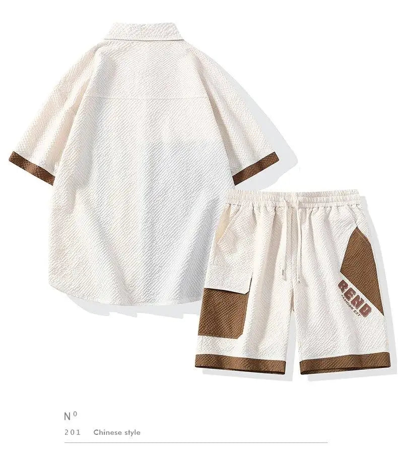 Conjunto Casual Masculino de Linho e Algodão, Camisa de Manga Curta com Colarinho e Calças Largas, Traje de Verão com Bordado Floral
