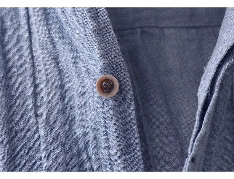 Camisa de Linho de Manga Curta para Homens, Camisa Casual Solta e Fresca de Verão em Cores Sólidas, Estilo Retro Japonês