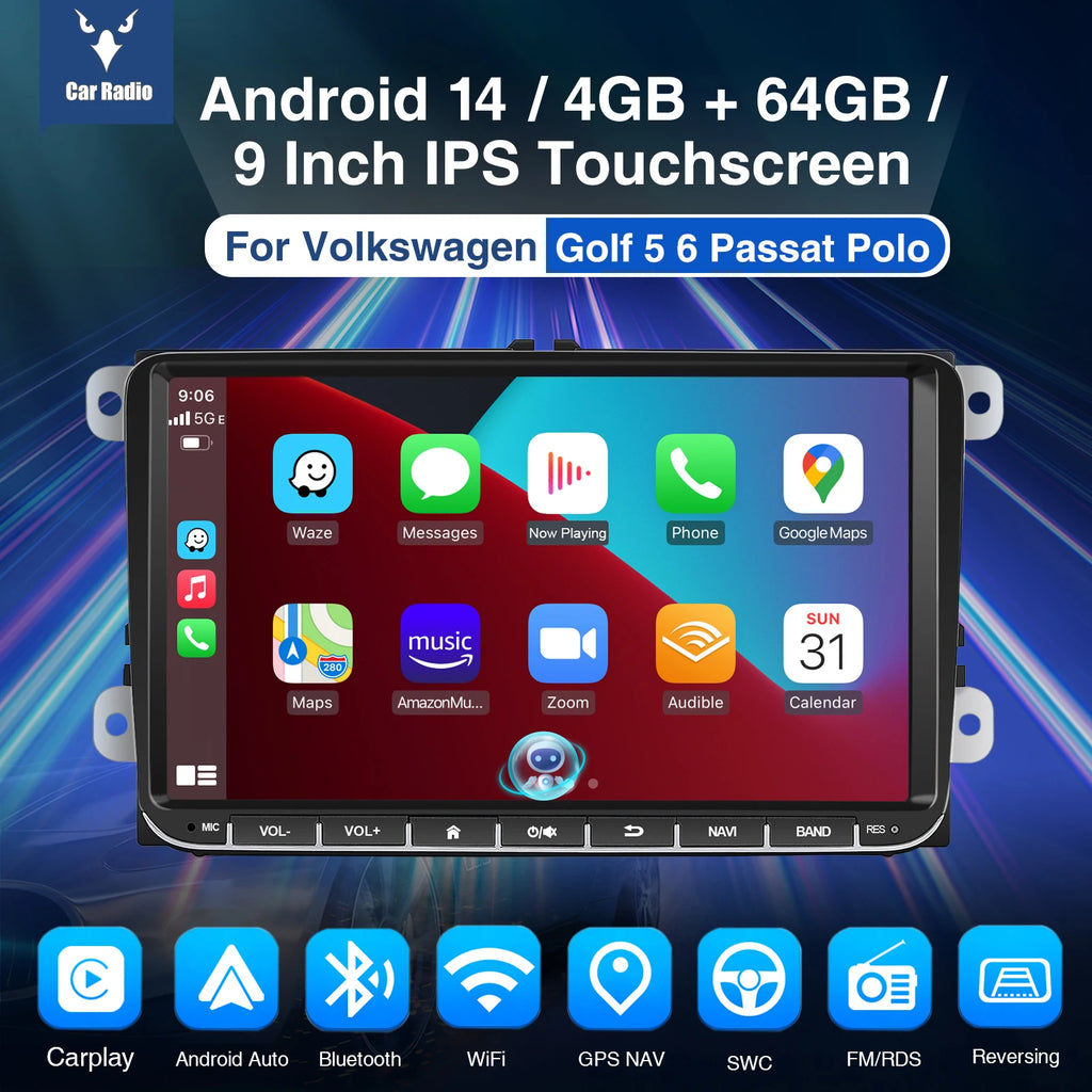 Essgoo 9 "android 14 4g + 64g Wireless  carplay carro estéreo gps navi wifi rds fm bt para vw golf 5 6 passat polo touran tiguan caddy eos