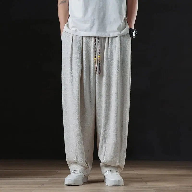 Calça masculina casual de linho verão leve solta de perna reta