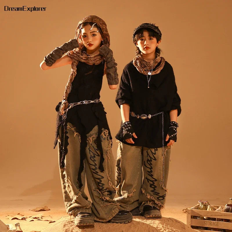 Conjunto de regata e jeans infantil Wasteland Street Dance de malha, moletons de hip hop, roupas de jazz, roupas punk, meninos e meninas