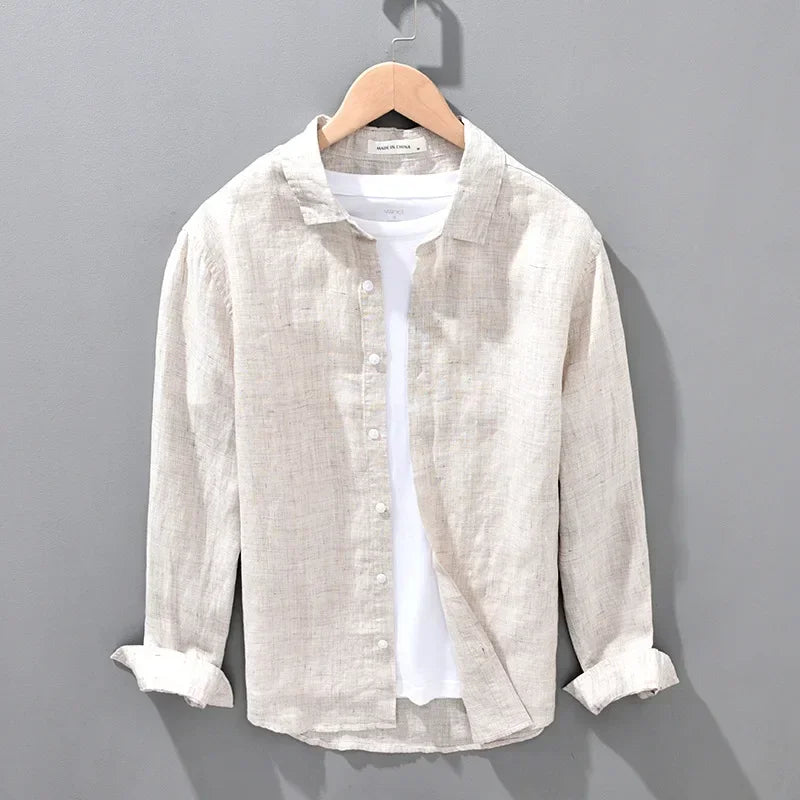 Camisa de linho respirável masculina, Top manga comprida, encaixe solto, Roupa extragrande, coreano sazonal
