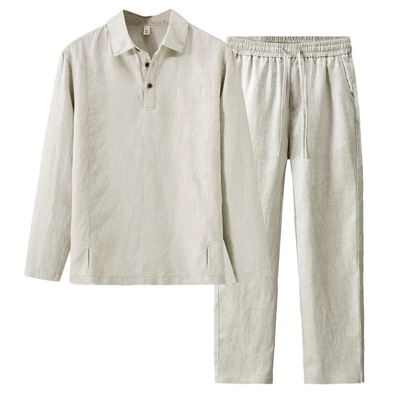 Camisa de Linho Pura de Manga Longa para Homens, Camiseta Leve e Respirável, Conjunto de Calças Casuais de Linho para Primavera e Outono