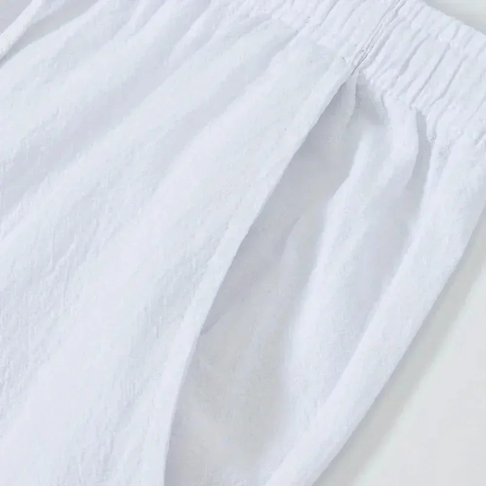 Calça masculina de algodão e linho, solta, respirável, com cintura elástica, cor sólida, casual, para corrida, fitness, verão, esportes, calça de moletom