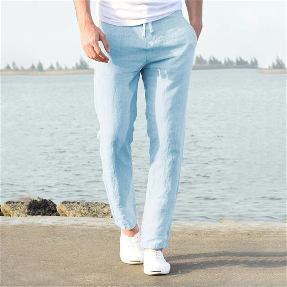 Calças de linho de algodão masculino outono novo respirável cor sólida calças de linho fitness streetwear S-3XL