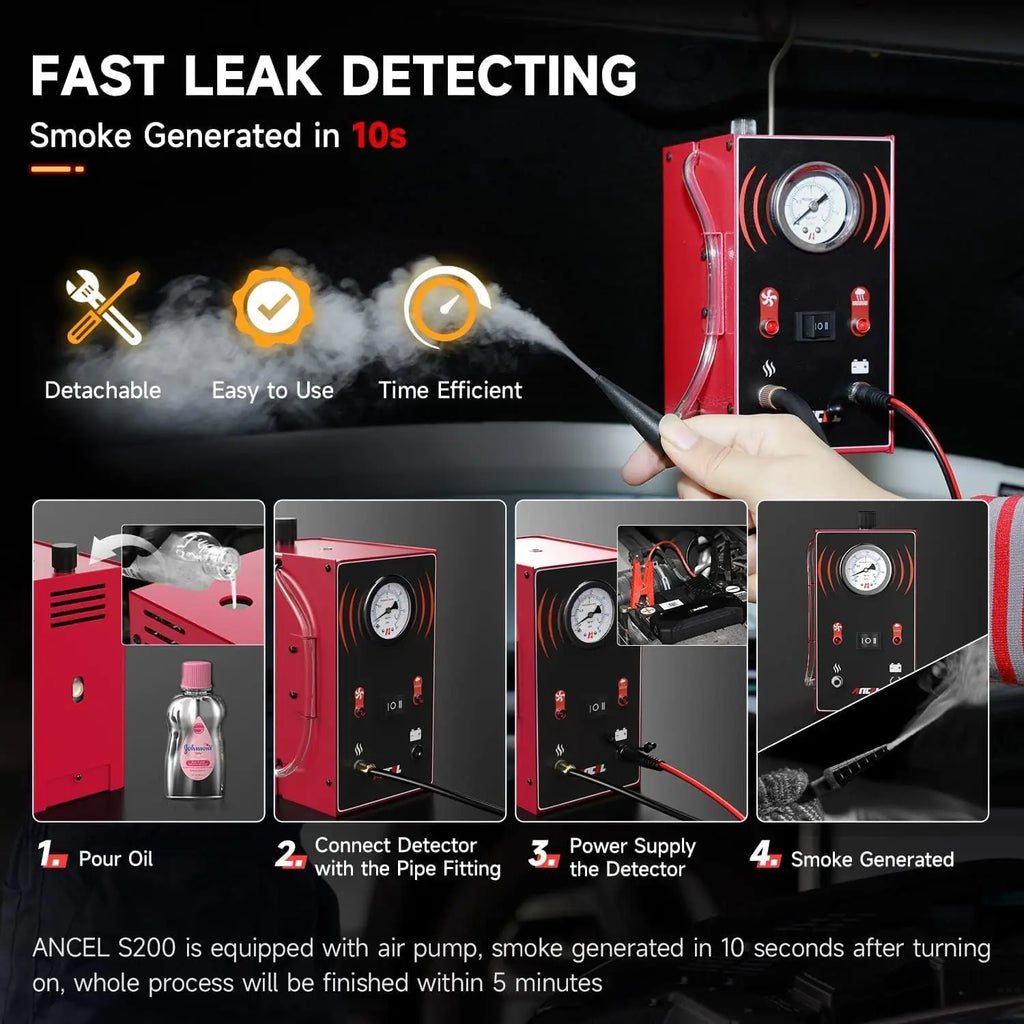 Ancel s200 evap detector de vazamento de fumaça para carro motocicleta máquina de fumaça ferramenta diagnóstico testador vácuo óleo combustível tubo vazamento localizador