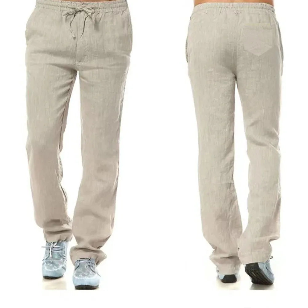 Calças de linho de algodão masculino outono novo respirável cor sólida calças de linho fitness streetwear volta com bolso