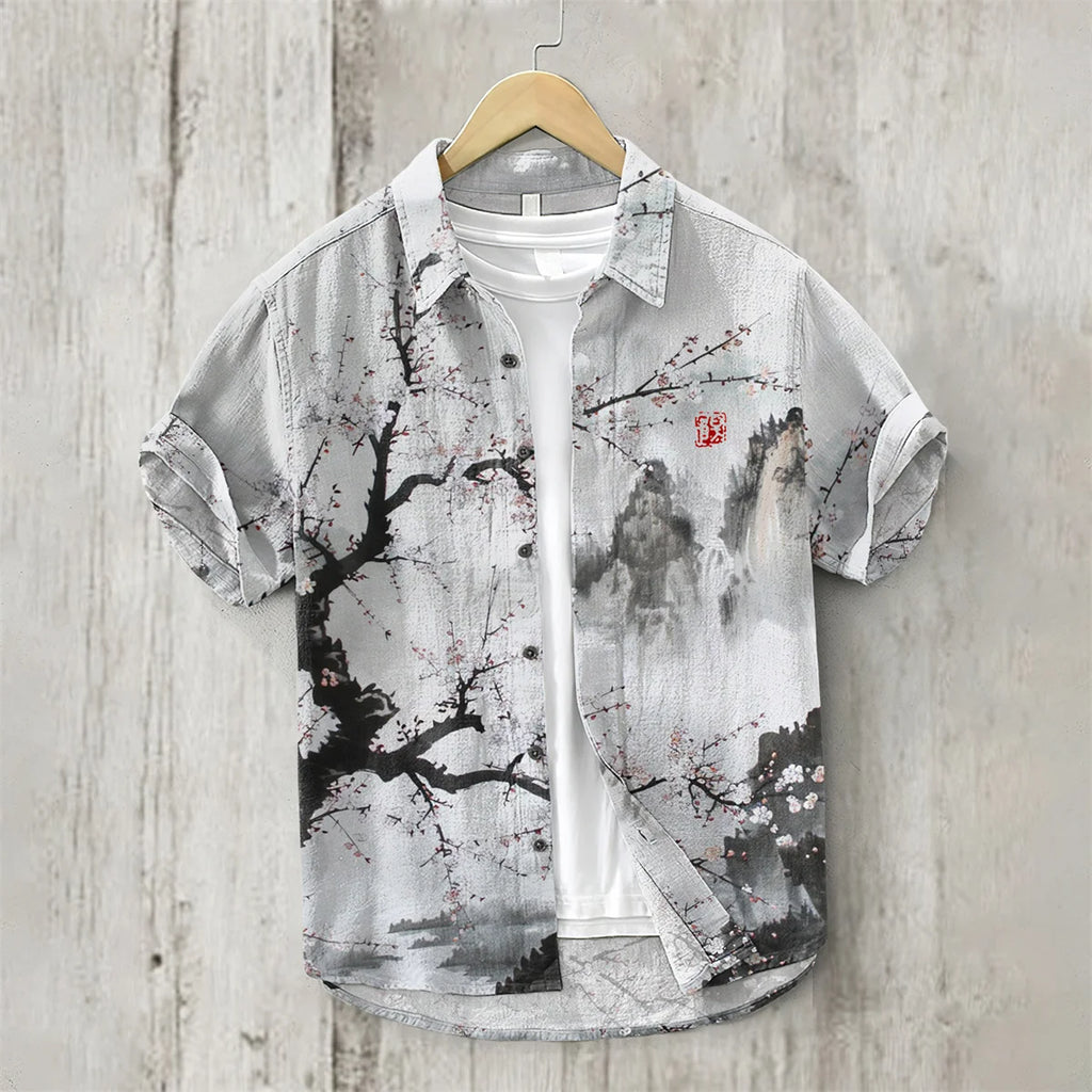 Camisa de linho masculina, texto retrô, arte japonesa, impressão 3D, manga curta, peito único, lazer, férias, top de praia, Havaí
