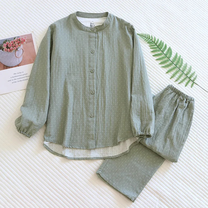 Algodão feminino polka dot pijama define fio-tingido gaze manga longa calças loungewear casual simples pijamas em torno do pescoço nightwears