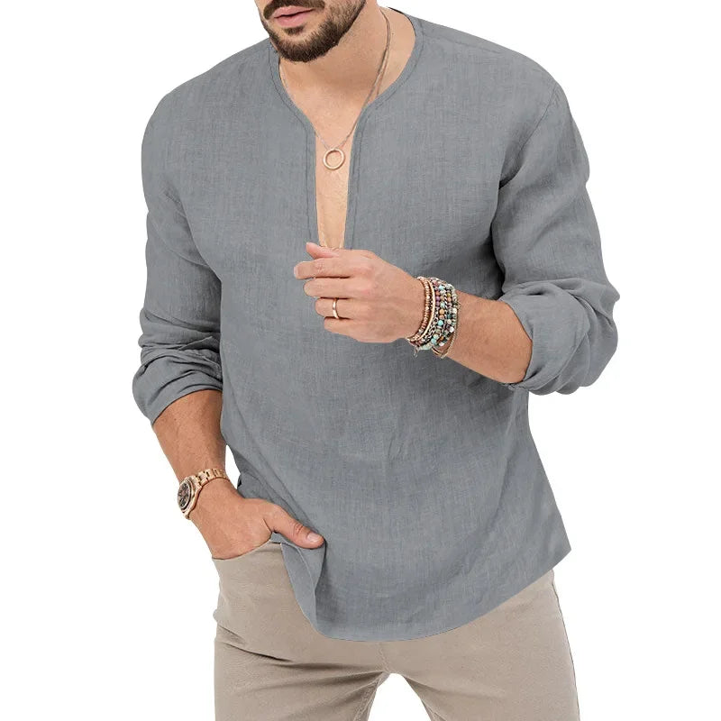 Camiseta Masculina de Linho de Manga Longa 2026 Henry, Slim Fit, Cor Sólida, Tamanho Grande Europeu e Americano, Gola V Profunda