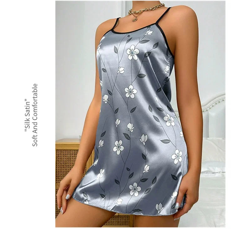 Pijamas femininos verão floral impressão cetim camisola casual sem mangas sem costas deslizamento noite vestido sexy camisola roupas de casa