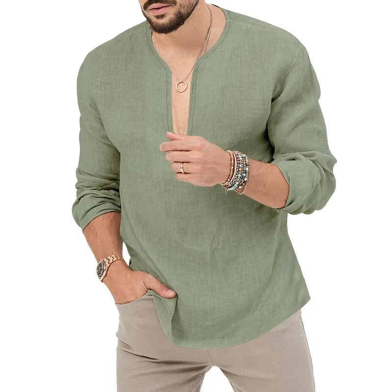 Camiseta Masculina de Linho de Manga Longa 2026 Henry, Slim Fit, Cor Sólida, Tamanho Grande Europeu e Americano, Gola V Profunda