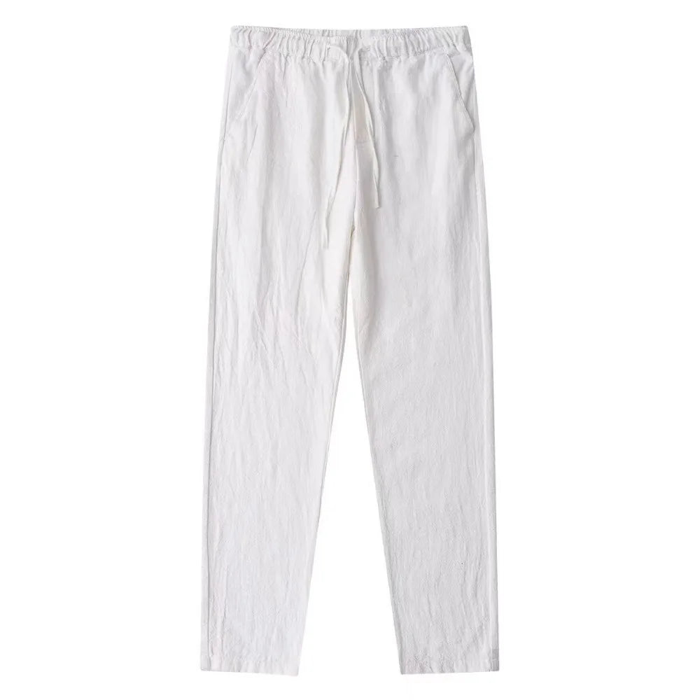 Calças de linho de algodão masculino outono novo respirável cor sólida calças de linho fitness streetwear volta com bolso