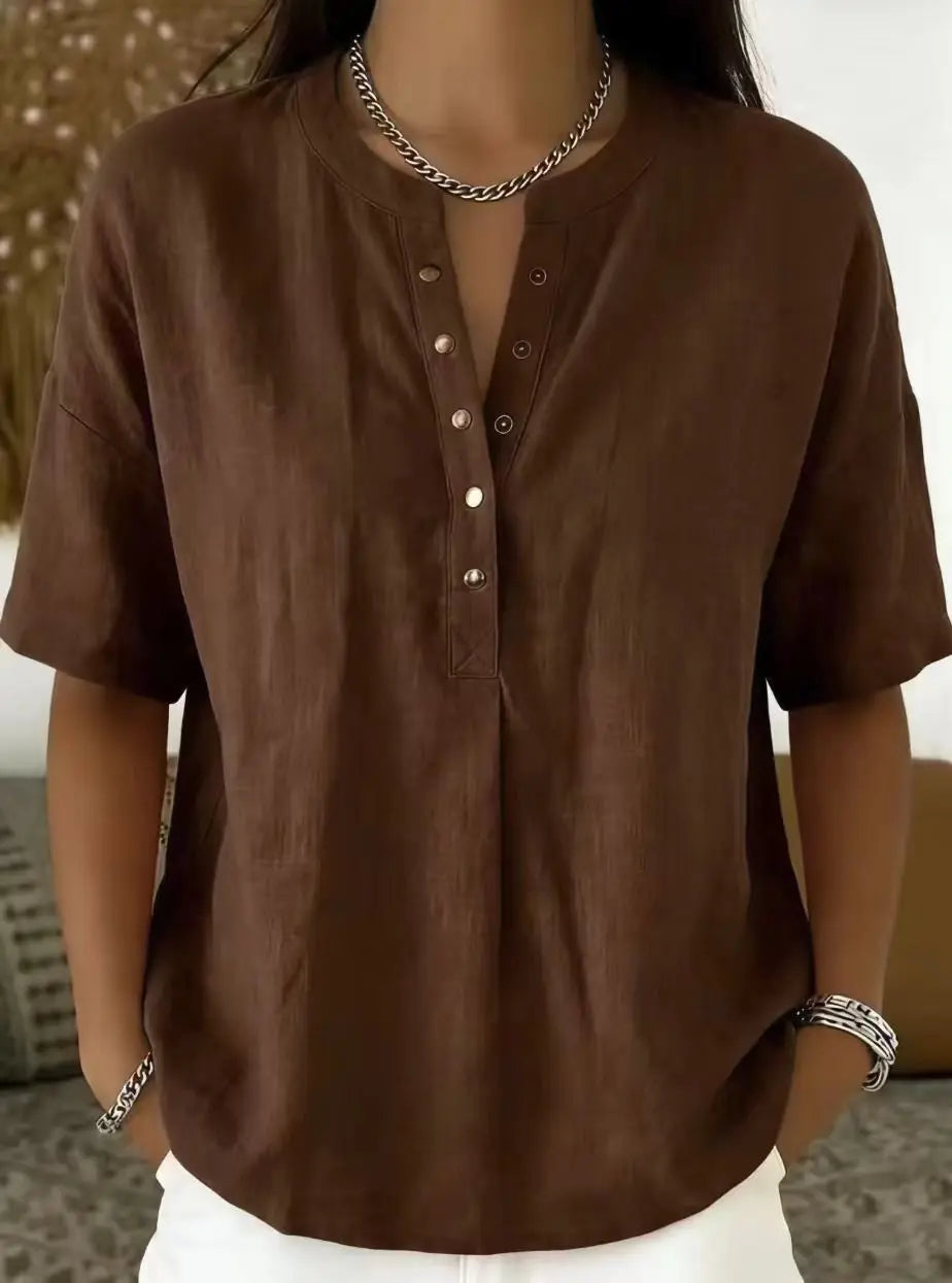 Blusa Feminina de Linho com Gola Henley, Manga Curta, Casual, Solta, Cor Sólida, Top de Verão