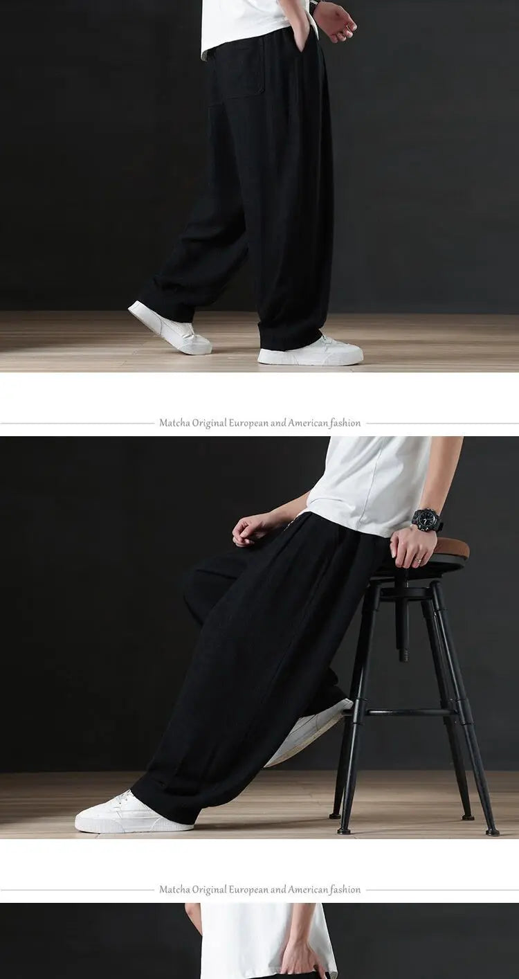 Calça masculina casual de linho verão leve solta de perna reta