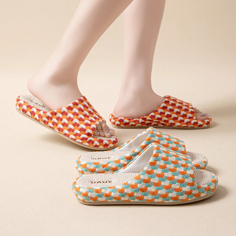 Chinelos de Plataforma de Linho para Mulheres, Coloridos e Fashion, Sapatos de Designer de Verão, Novos Chinelos Abertos para Uso Interno, Macios e Antiderrapantes, Unissex